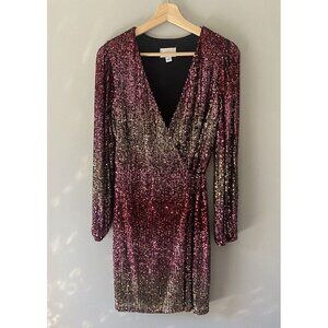 Premier Amour Sequins Glitter Bodycon Wrap Dress Long Sleeve Mini Dress Size 6